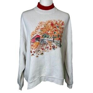 Vintage 90s Women’s Amish Buggy Covered Bridge Autumn Dirt Road Sweatshirt Sz Lg